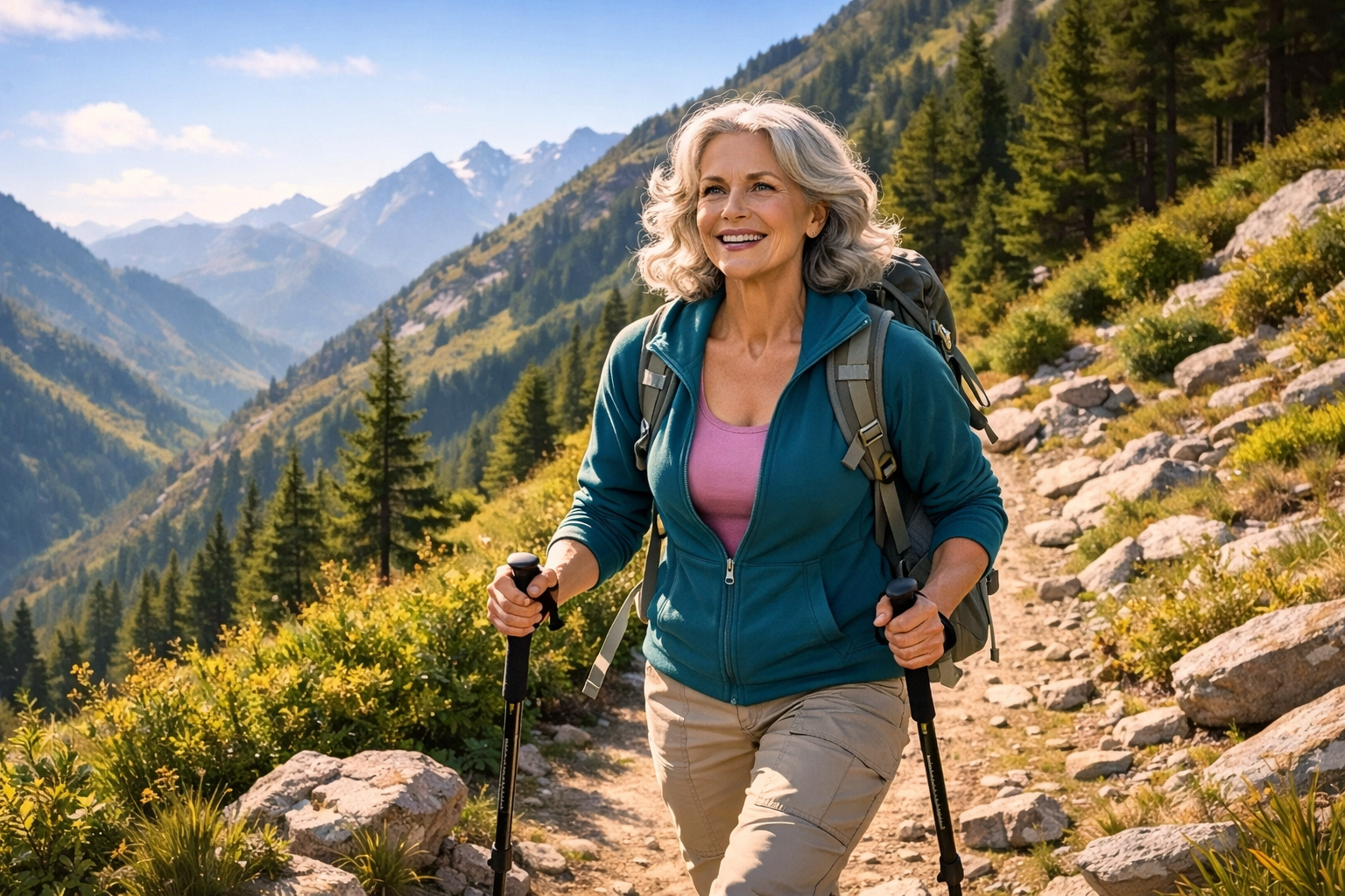 external silicone breast prosthesis care while hiking or on vacation, adventurous woman